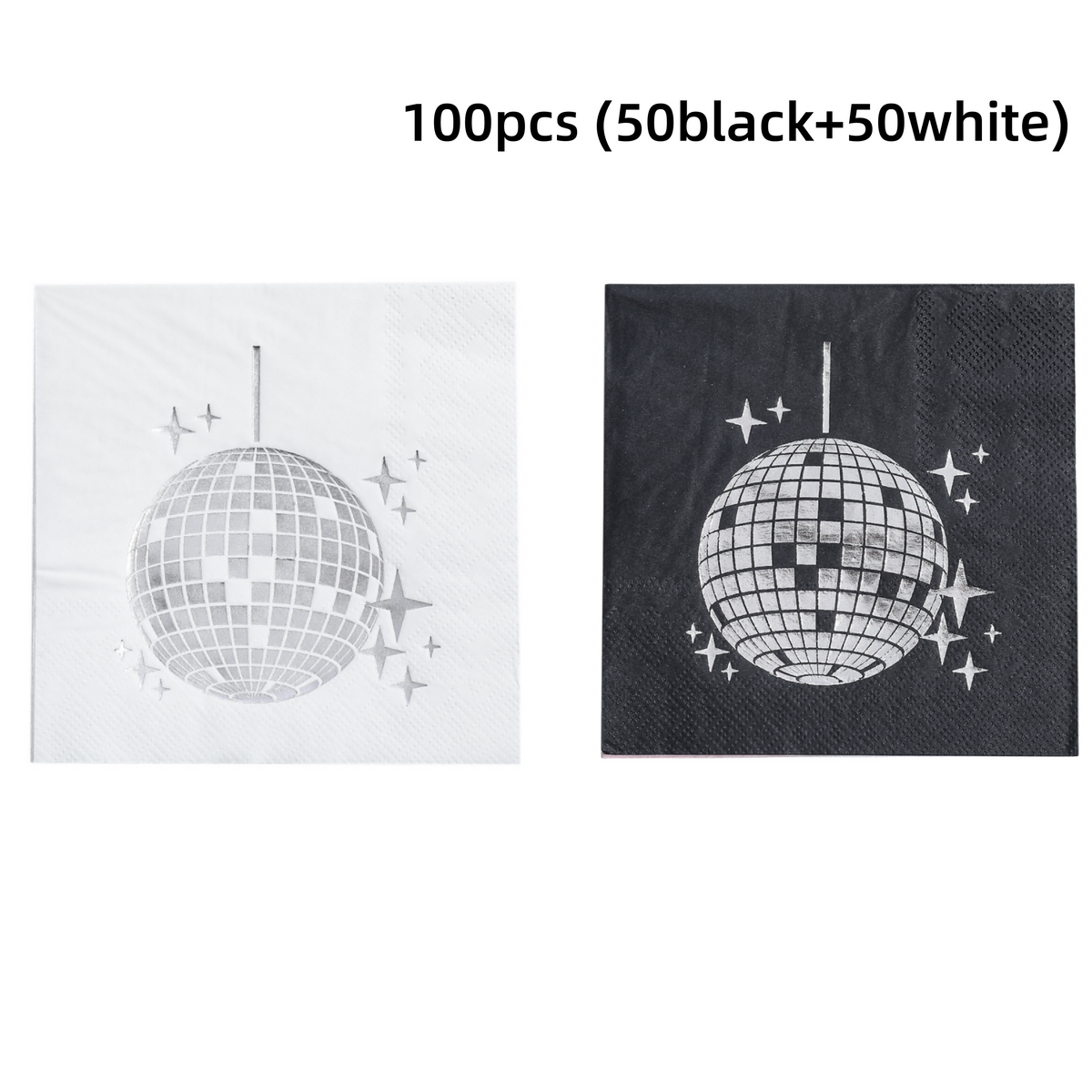 80s Retro Disco Ball Silver Foil Napkins｜Multi-Pack Set (Black & White) for Prom, Birthday, and Party Table Decorations