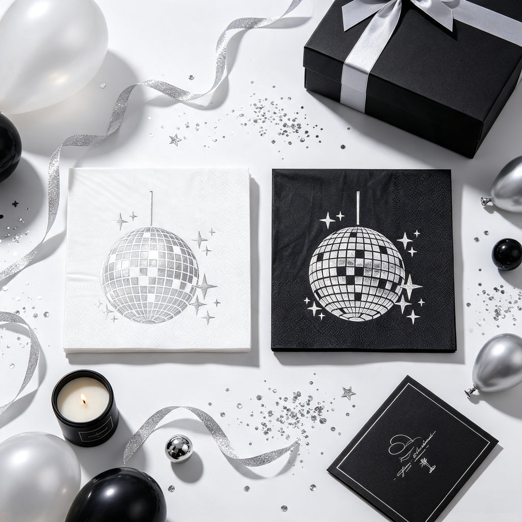 80s Retro Disco Ball Silver Foil Napkins｜Multi-Pack Set (Black & White) for Prom, Birthday, and Party Table Decorations