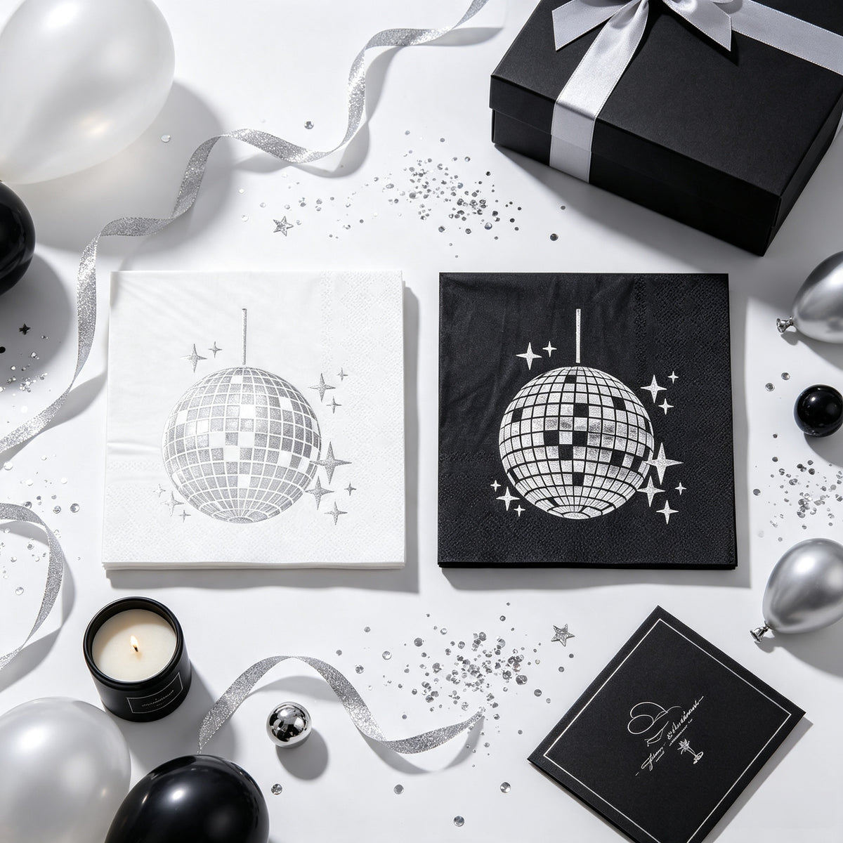 80s Retro Disco Ball Silver Foil Napkins｜Multi-Pack Set (Black & White) for Prom, Birthday, and Party Table Decorations