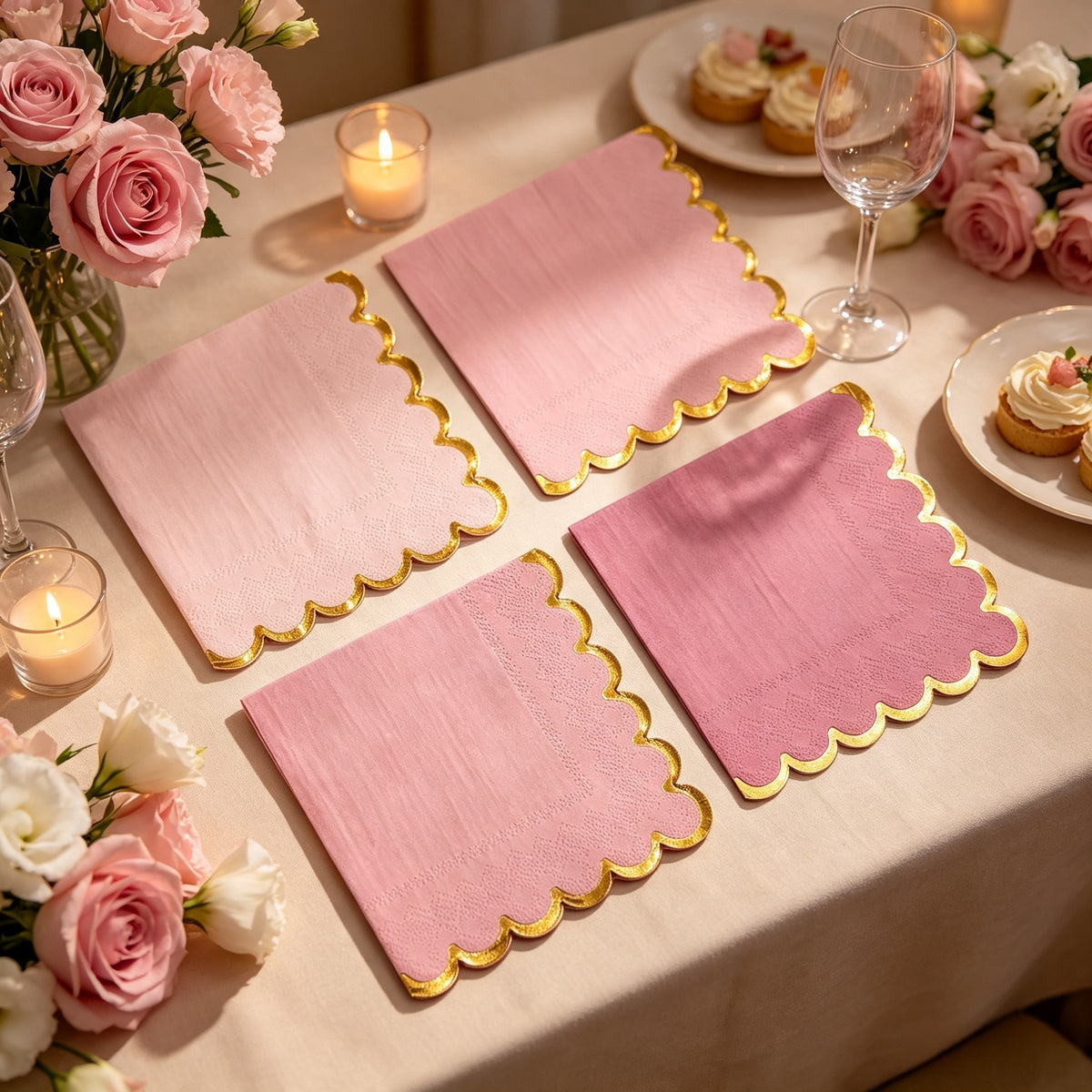 Pink Gradient Gold Foil Scalloped Edge Disposable Paper Napkins 20-100pcs per Order for Birthday Wedding Baby Shower Decorative Tableware