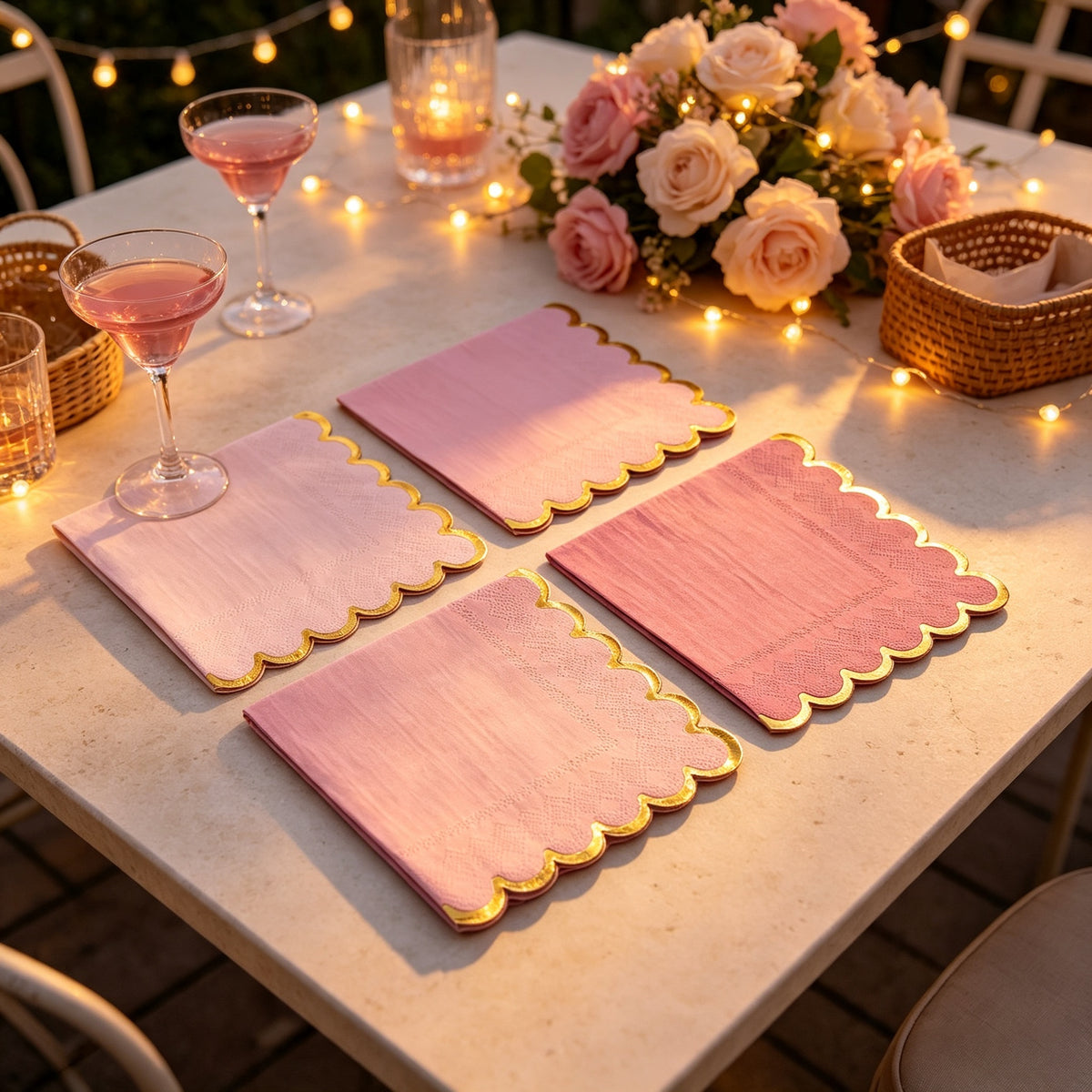 Pink Gradient Gold Foil Scalloped Edge Disposable Paper Napkins 20-100pcs per Order for Birthday Wedding Baby Shower Decorative Tableware