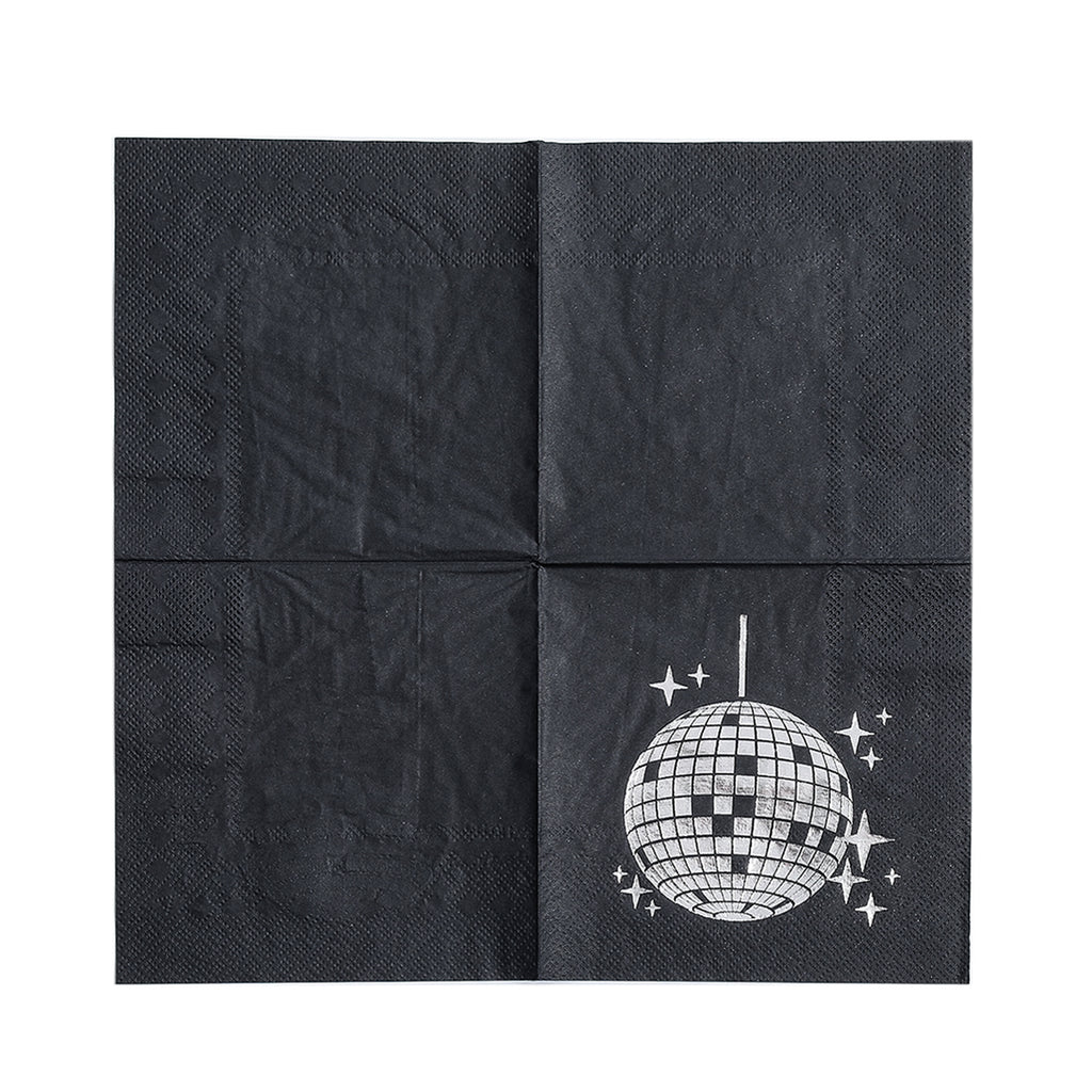80s Retro Disco Ball Silver Foil Napkins｜Multi-Pack Set (Black & White) for Prom, Birthday, and Party Table Decorations