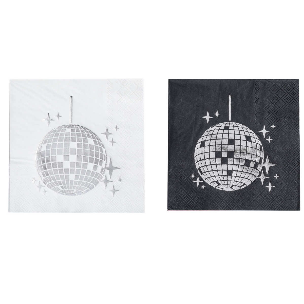 80s Retro Disco Ball Silver Foil Napkins｜Multi-Pack Set (Black & White) for Prom, Birthday, and Party Table Decorations