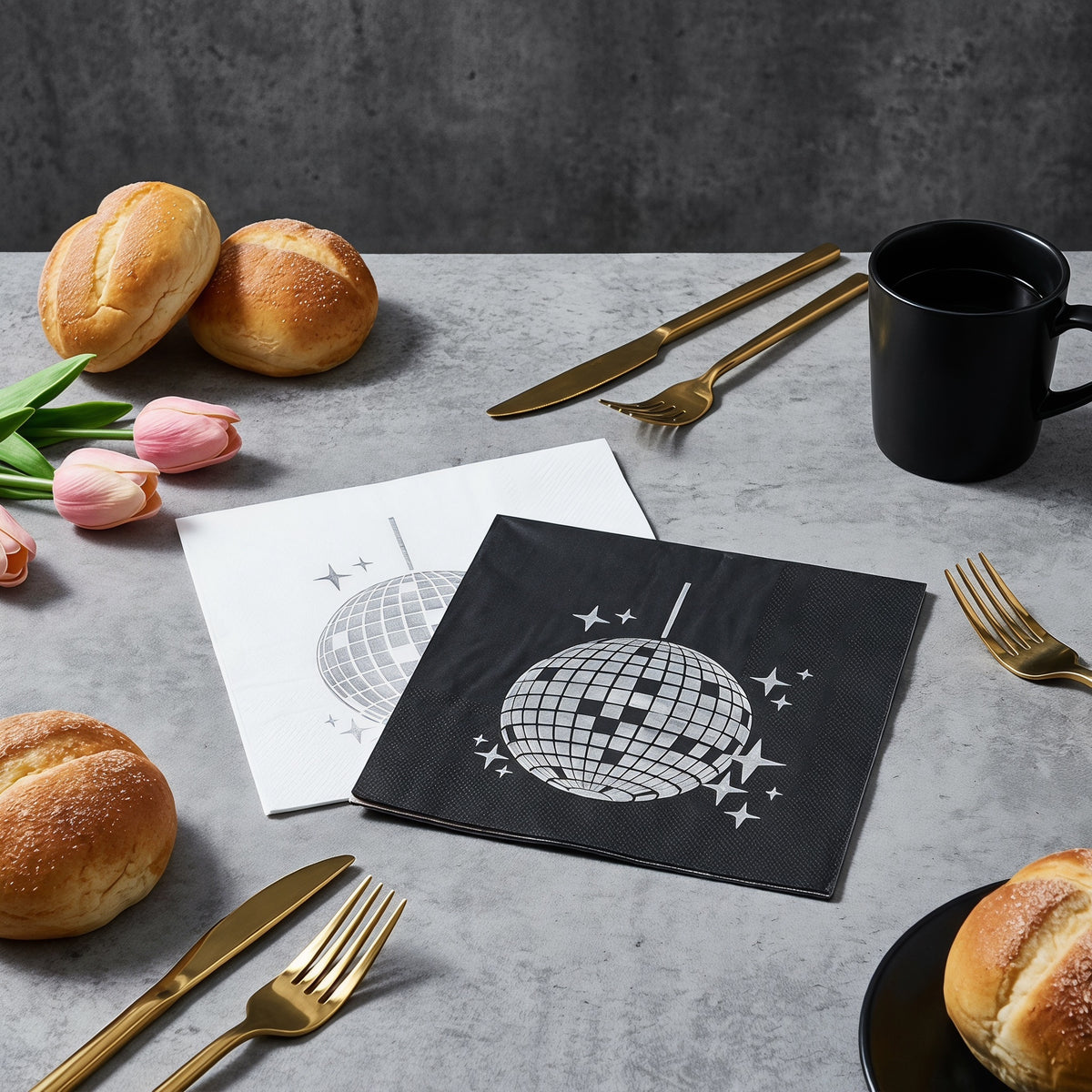 80s Retro Disco Ball Silver Foil Napkins｜Multi-Pack Set (Black & White) for Prom, Birthday, and Party Table Decorations