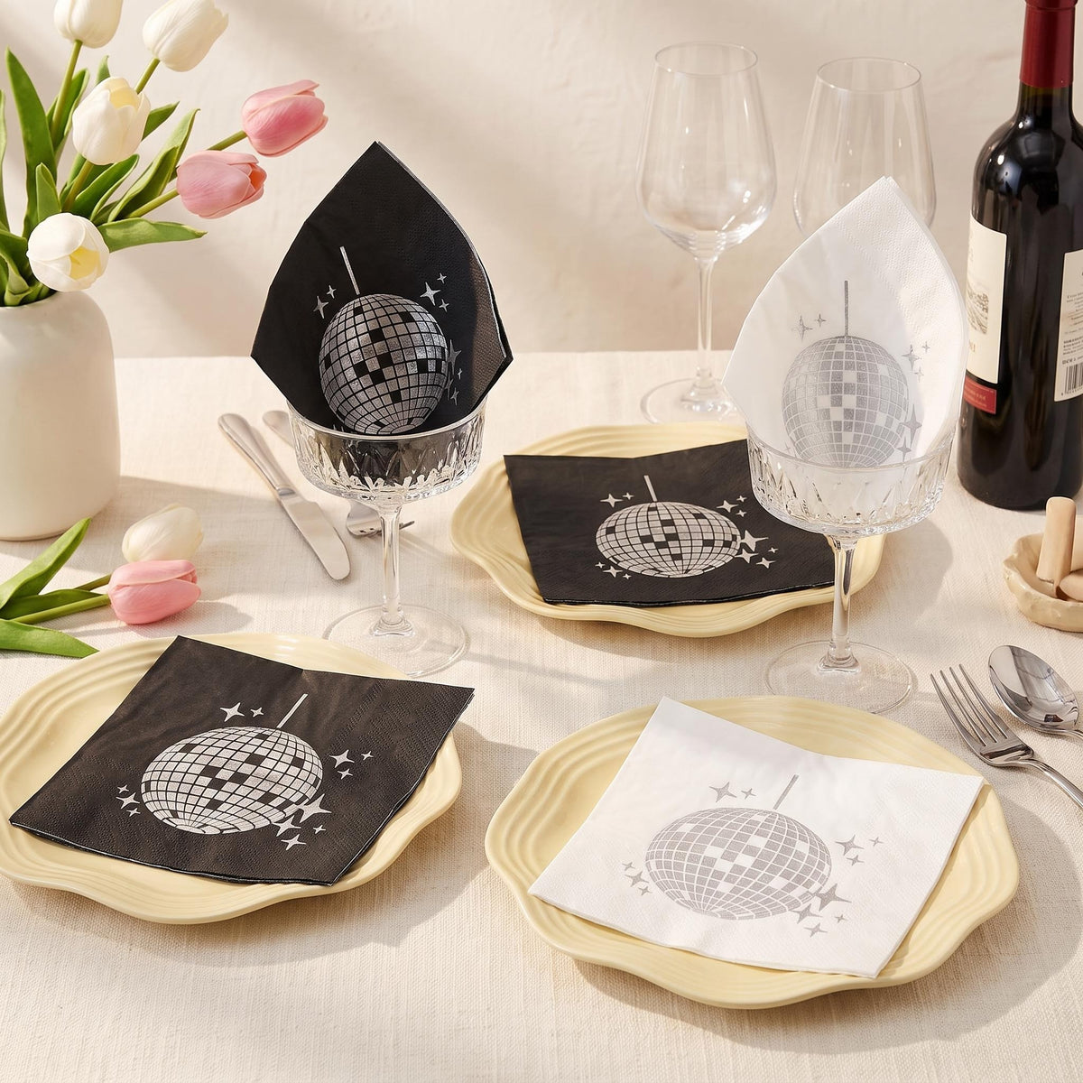 80s Retro Disco Ball Silver Foil Napkins｜Multi-Pack Set (Black & White) for Prom, Birthday, and Party Table Decorations