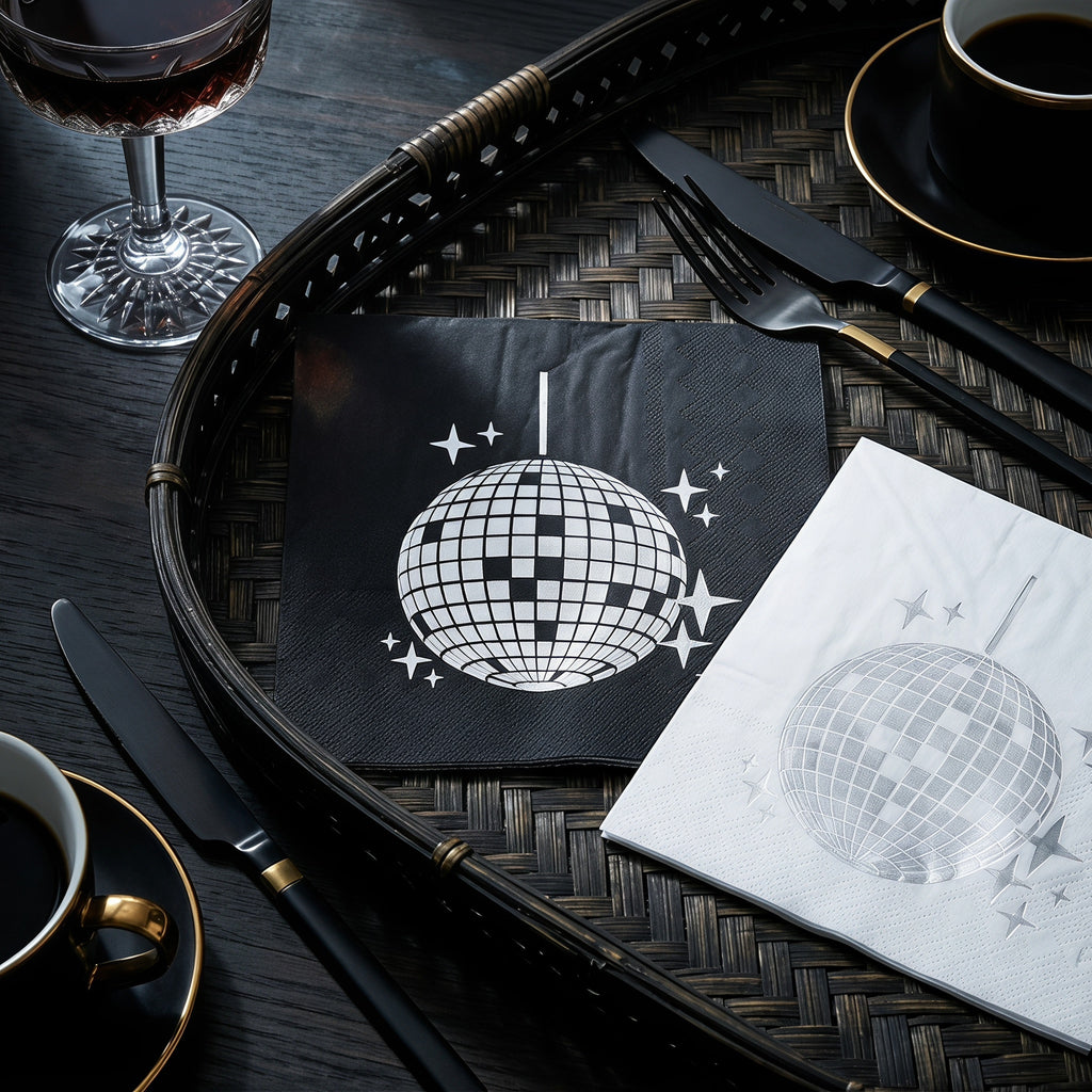 80s Retro Disco Ball Silver Foil Napkins｜Multi-Pack Set (Black & White) for Prom, Birthday, and Party Table Decorations