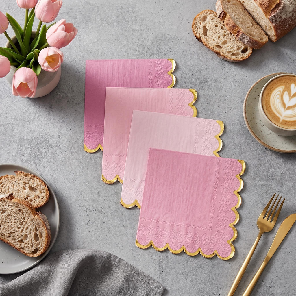 Pink Gradient Gold Foil Scalloped Edge Disposable Paper Napkins 20-100pcs per Order for Birthday Wedding Baby Shower Decorative Tableware