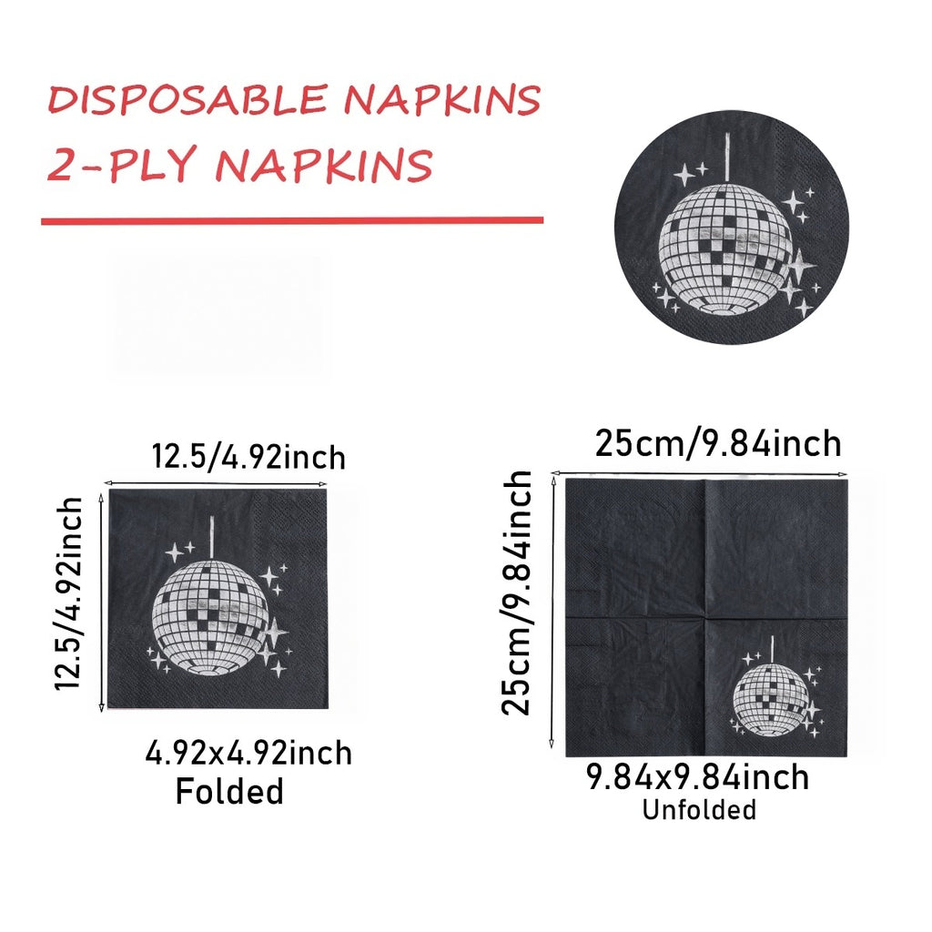 80s Retro Disco Ball Silver Foil Napkins｜Multi-Pack Set (Black & White) for Prom, Birthday, and Party Table Decorations