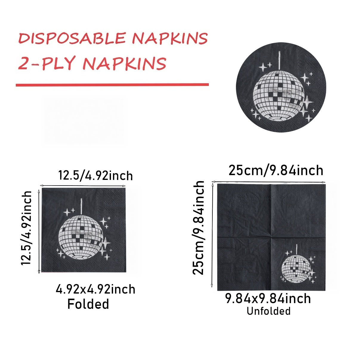 80s Retro Disco Ball Silver Foil Napkins｜Multi-Pack Set (Black & White) for Prom, Birthday, and Party Table Decorations