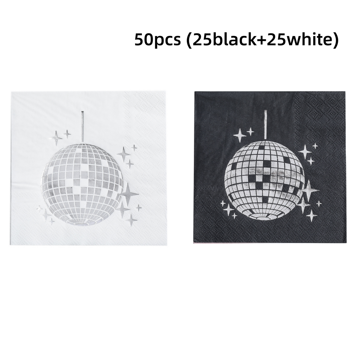 80s Retro Disco Ball Silver Foil Napkins｜Multi-Pack Set (Black & White) for Prom, Birthday, and Party Table Decorations