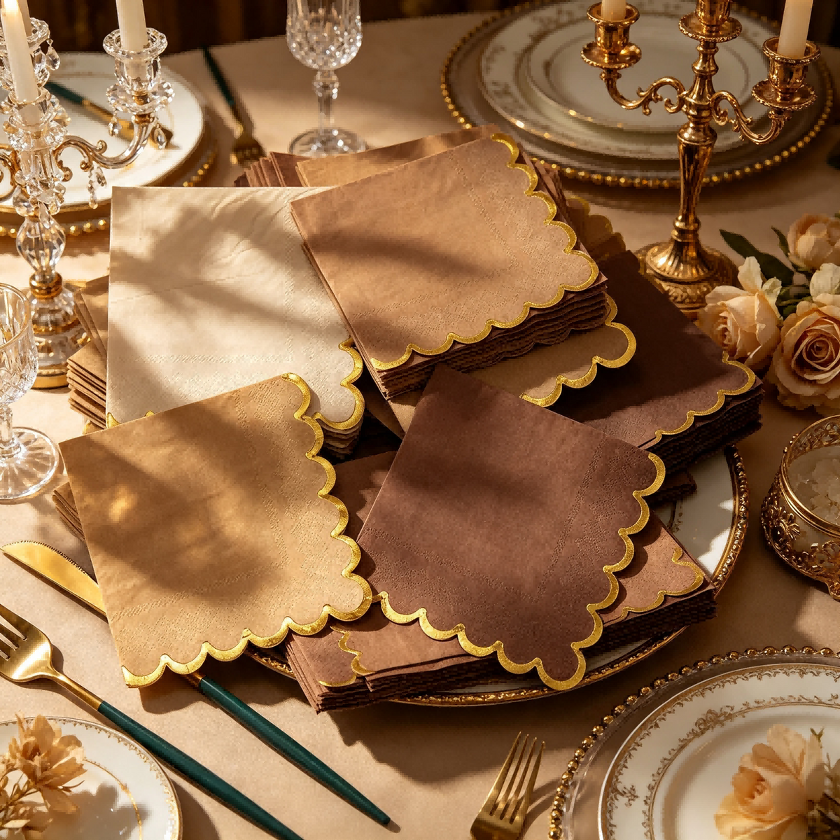 20-100pcs gold foil wavy-edged vintage color mix 4-color party napkins, disposable napkins for party and dinner table decoration