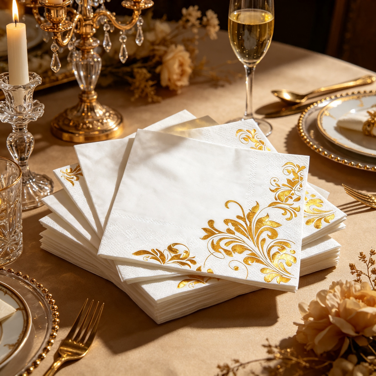 Multiple designs available, European vintage corner scroll gold foil, luxury gold vine print napkins, disposable decorative napkins for birthdays, parties, and weddings